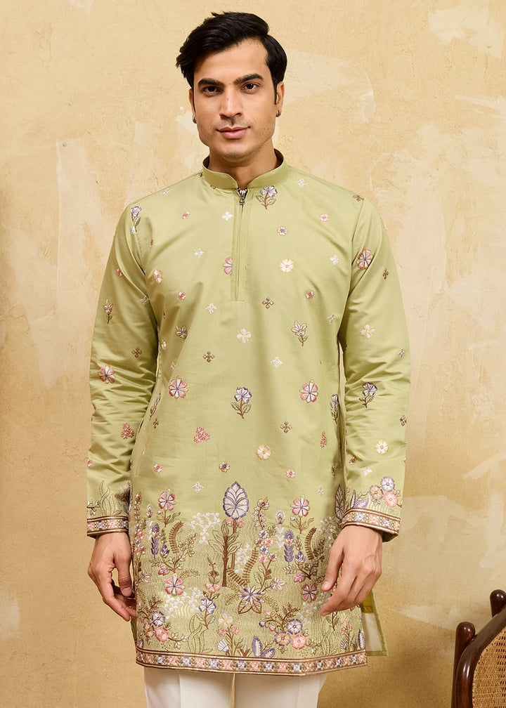 Pastel Green Viscose Silk Kurta with Multi-Thread Embroidery