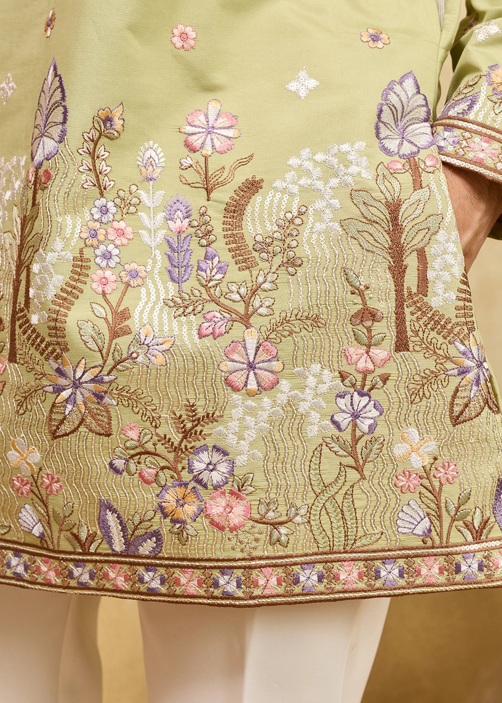 Pastel Green Viscose Silk Kurta with Multi-Thread Embroidery