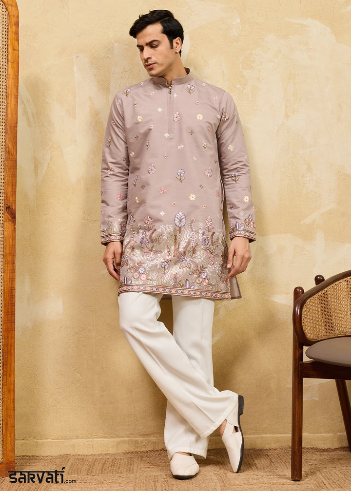 Greyish Brown Viscose Silk Kurta with Multi-Thread Embroidery