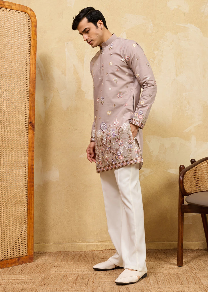 Greyish Brown Viscose Silk Kurta with Multi-Thread Embroidery
