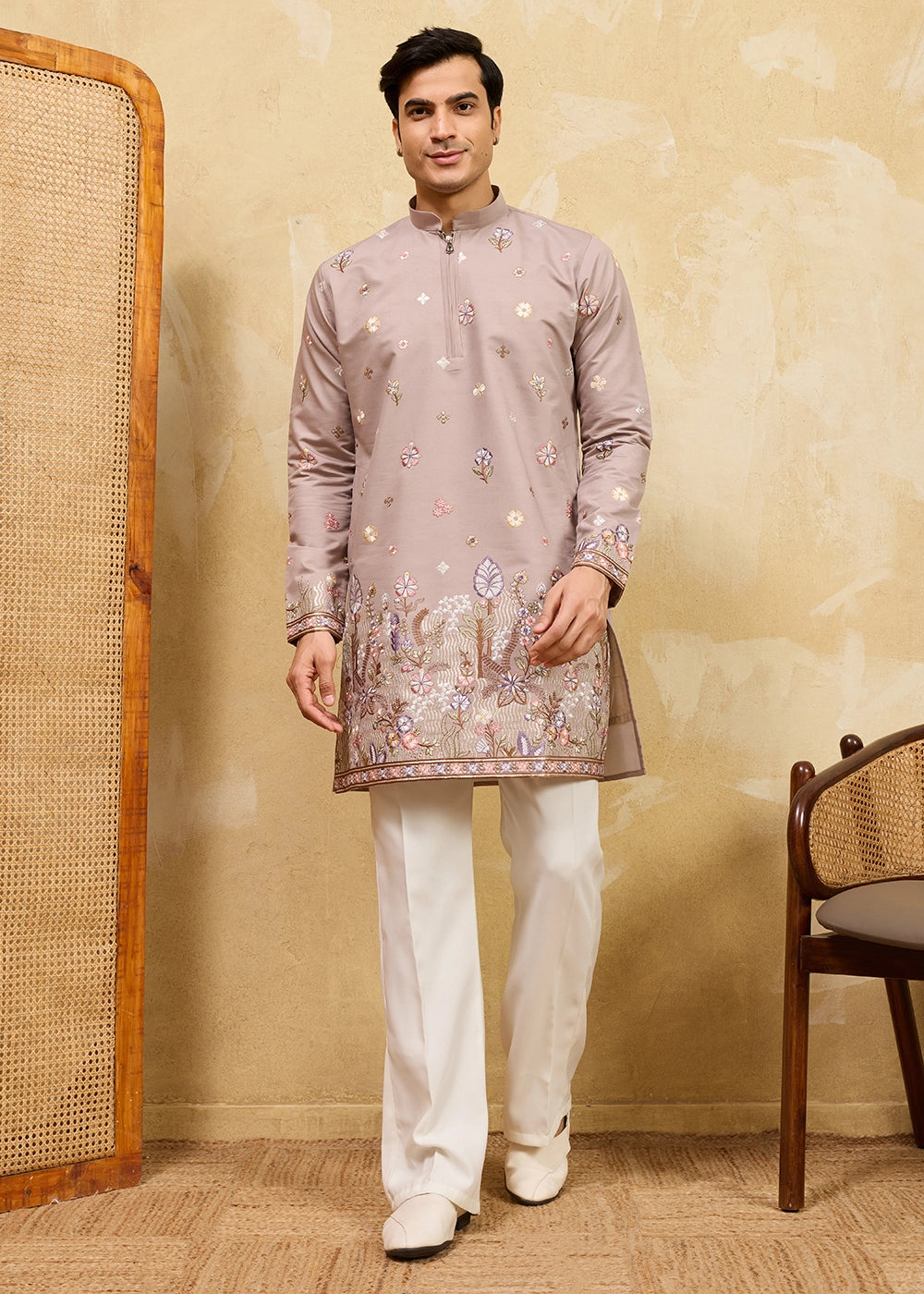 Greyish Brown Viscose Silk Kurta with Multi-Thread Embroidery