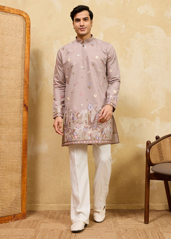 Greyish Brown Viscose Silk Kurta with Multi-Thread Embroidery