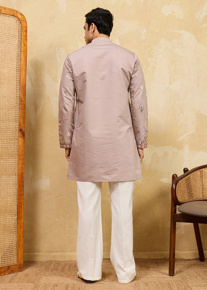 Greyish Brown Viscose Silk Kurta with Multi-Thread Embroidery