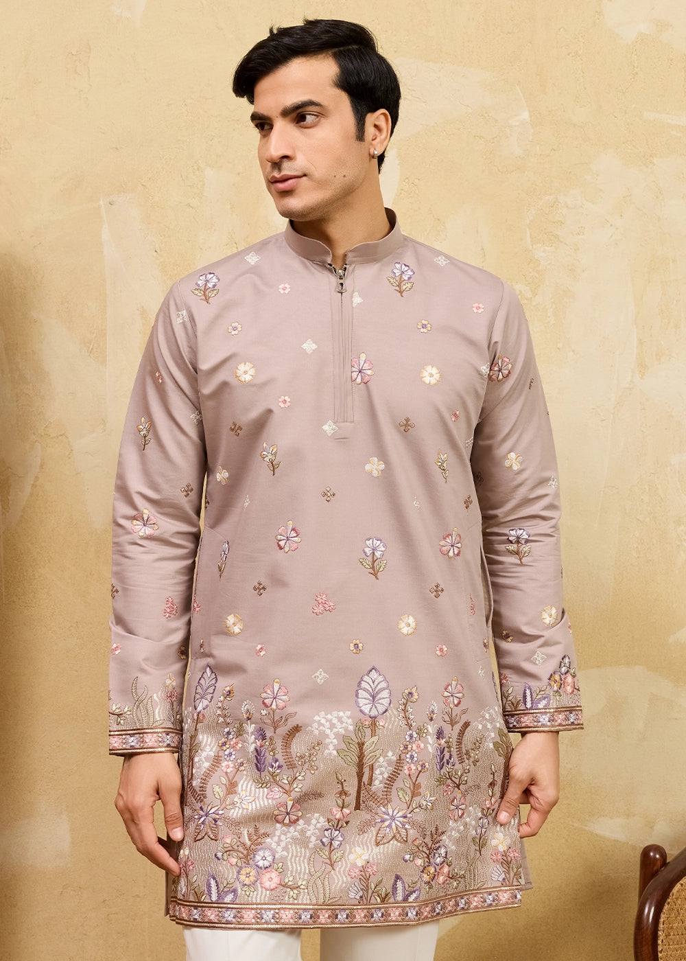 Greyish Brown Viscose Silk Kurta with Multi-Thread Embroidery