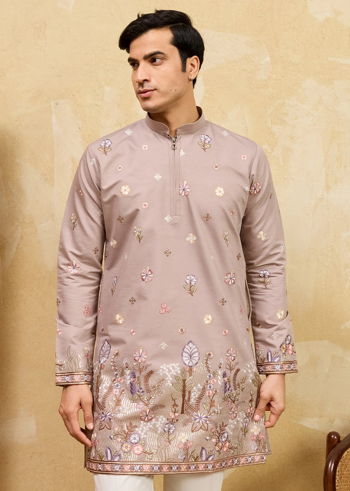 Greyish Brown Viscose Silk Kurta with Multi-Thread Embroidery