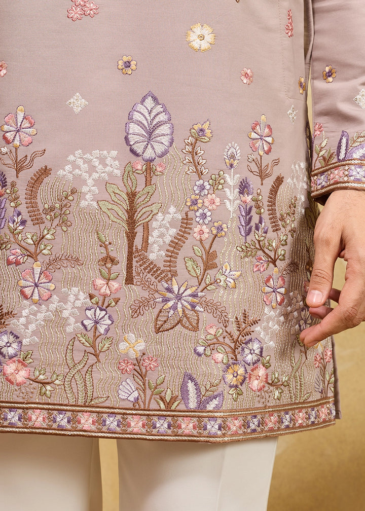 Greyish Brown Viscose Silk Kurta with Multi-Thread Embroidery