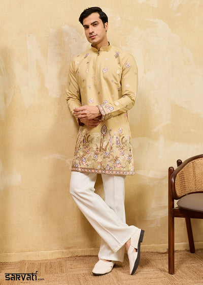 Mellow Yellow Viscose Silk Kurta with Multi-Thread Embroidery