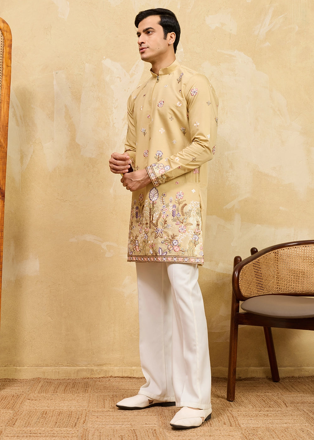 Mellow Yellow Viscose Silk Kurta with Multi-Thread Embroidery