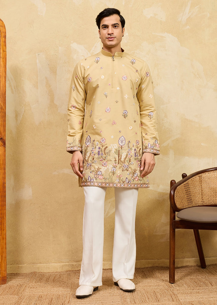 Mellow Yellow Viscose Silk Kurta with Multi-Thread Embroidery