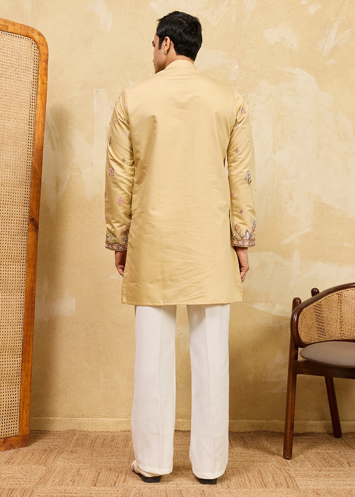 Mellow Yellow Viscose Silk Kurta with Multi-Thread Embroidery