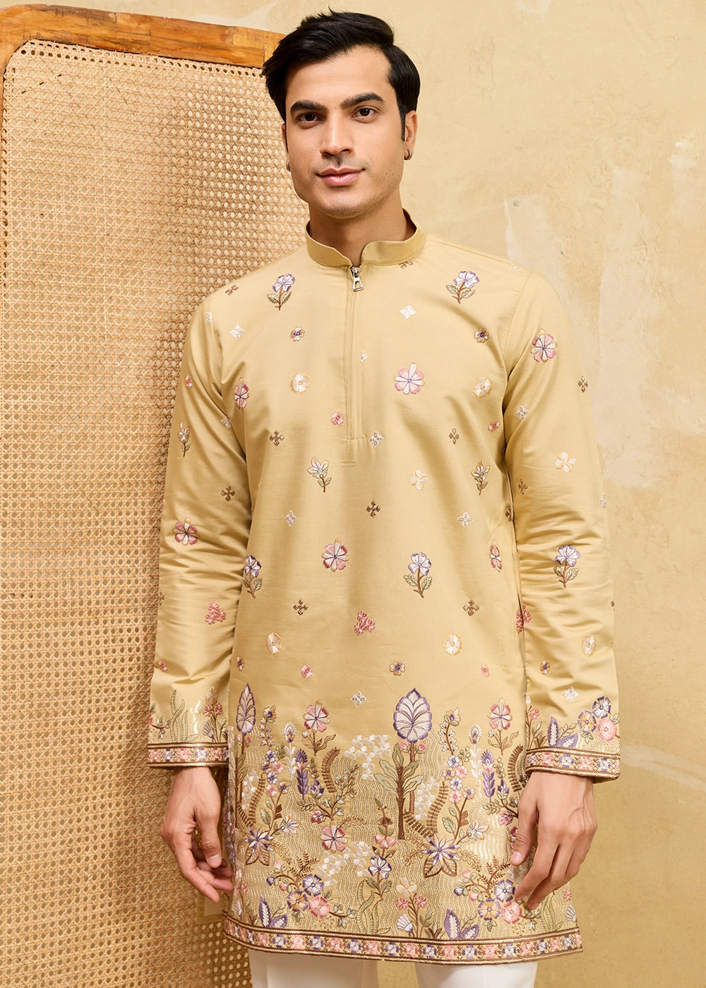 Mellow Yellow Viscose Silk Kurta with Multi-Thread Embroidery