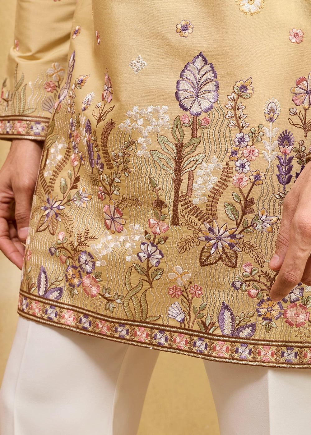 Mellow Yellow Viscose Silk Kurta with Multi-Thread Embroidery