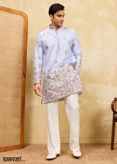 Light Purple Viscose Silk Kurta with Multi-Thread Embroidery