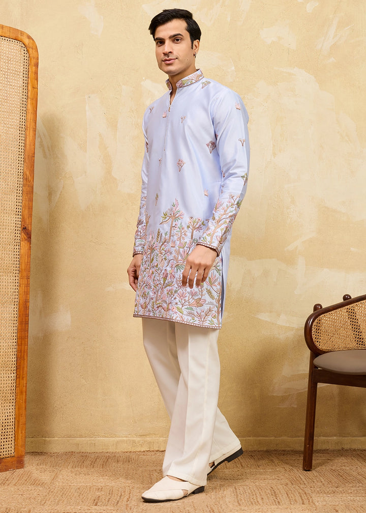 Light Purple Viscose Silk Kurta with Multi-Thread Embroidery
