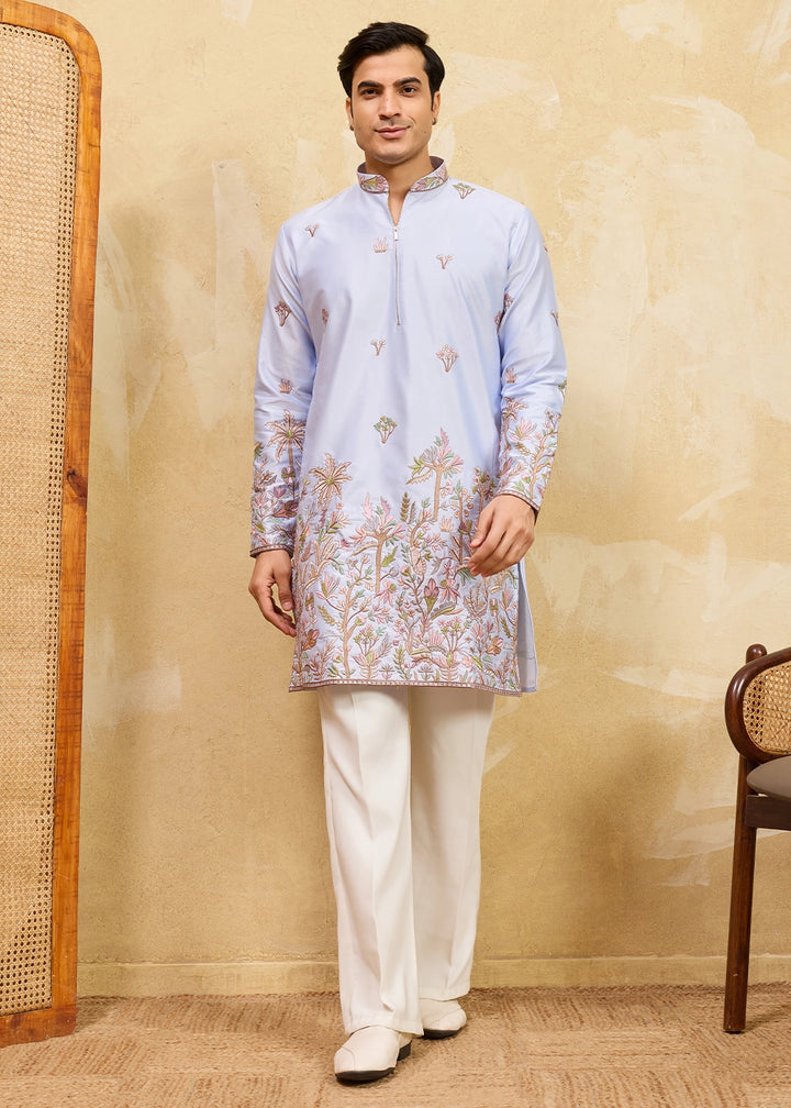 Light Purple Viscose Silk Kurta with Multi-Thread Embroidery