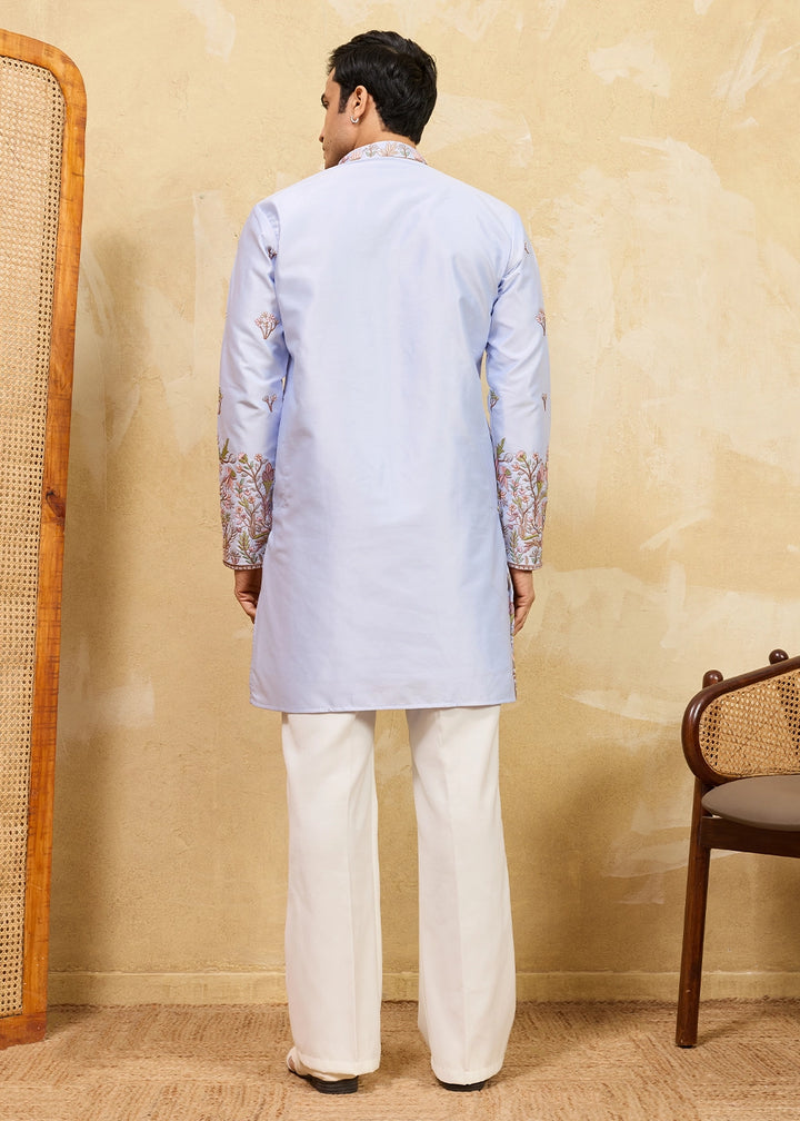 Light Purple Viscose Silk Kurta with Multi-Thread Embroidery