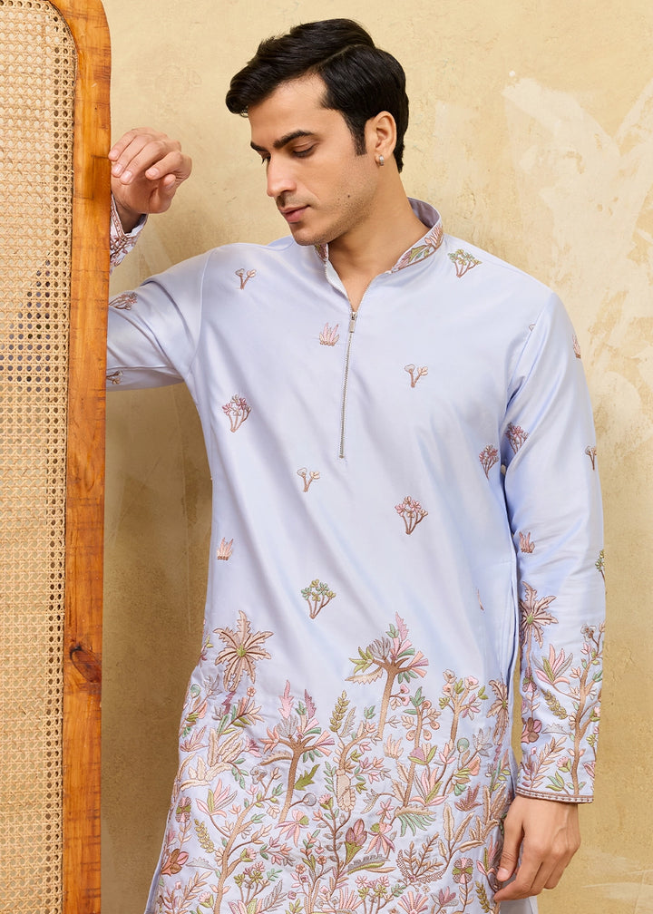 Light Purple Viscose Silk Kurta with Multi-Thread Embroidery