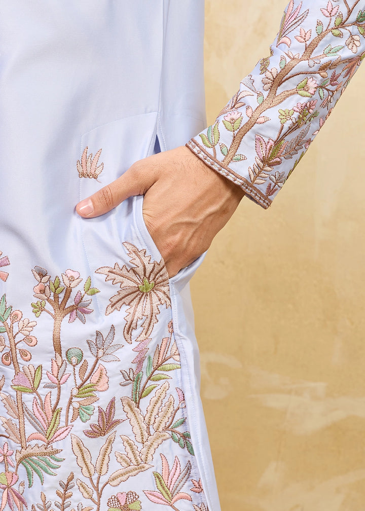 Light Purple Viscose Silk Kurta with Multi-Thread Embroidery