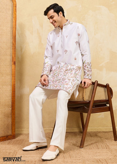 Lace Pink Viscose Silk Kurta with Multi-Thread Embroidery