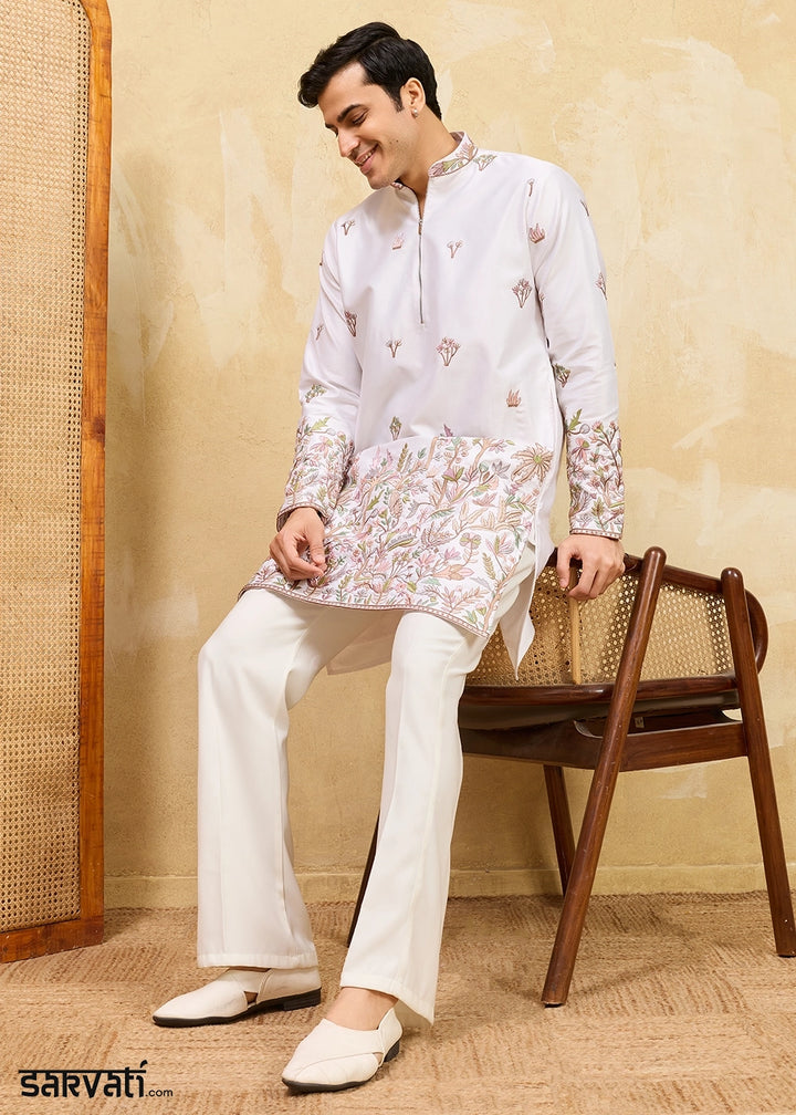 Lace Pink Viscose Silk Kurta with Multi-Thread Embroidery