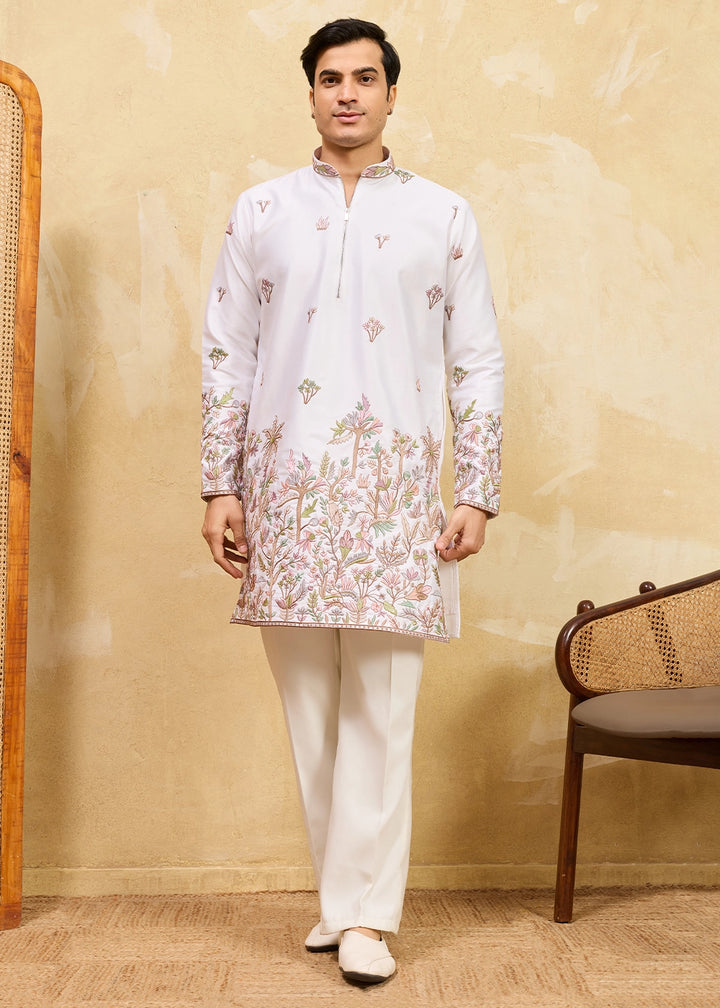 Lace Pink Viscose Silk Kurta with Multi-Thread Embroidery