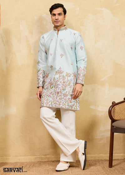 Baby Blue Viscose Silk Kurta with Multi-Thread Embroidery