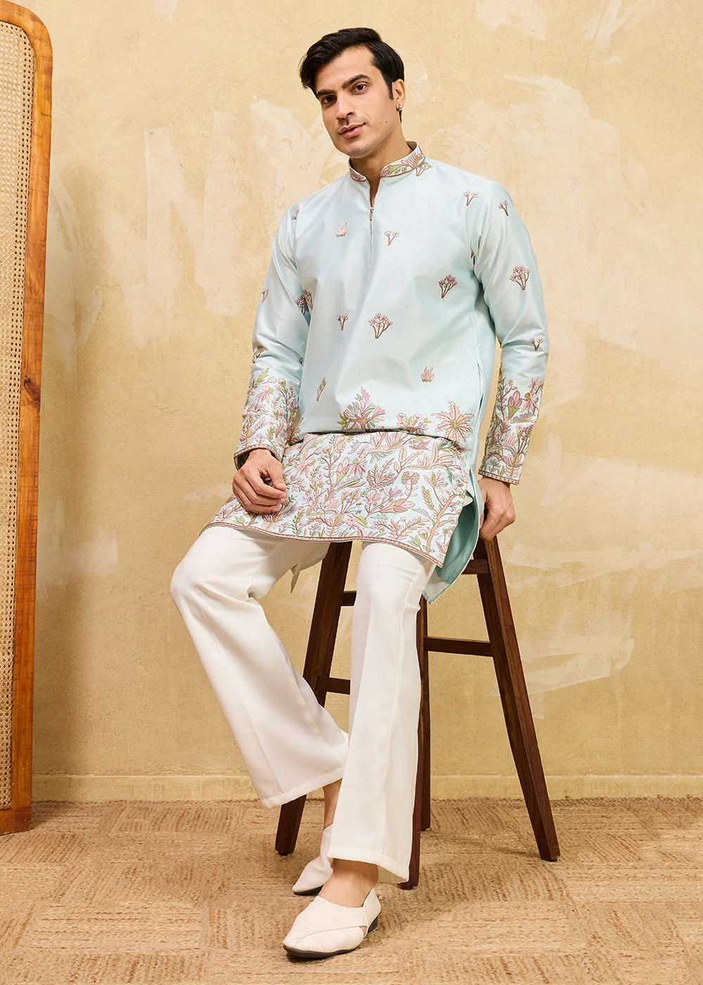Baby Blue Viscose Silk Kurta with Multi-Thread Embroidery