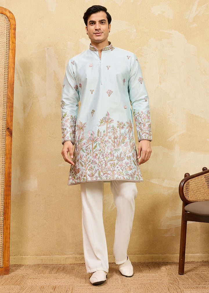 Baby Blue Viscose Silk Kurta with Multi-Thread Embroidery