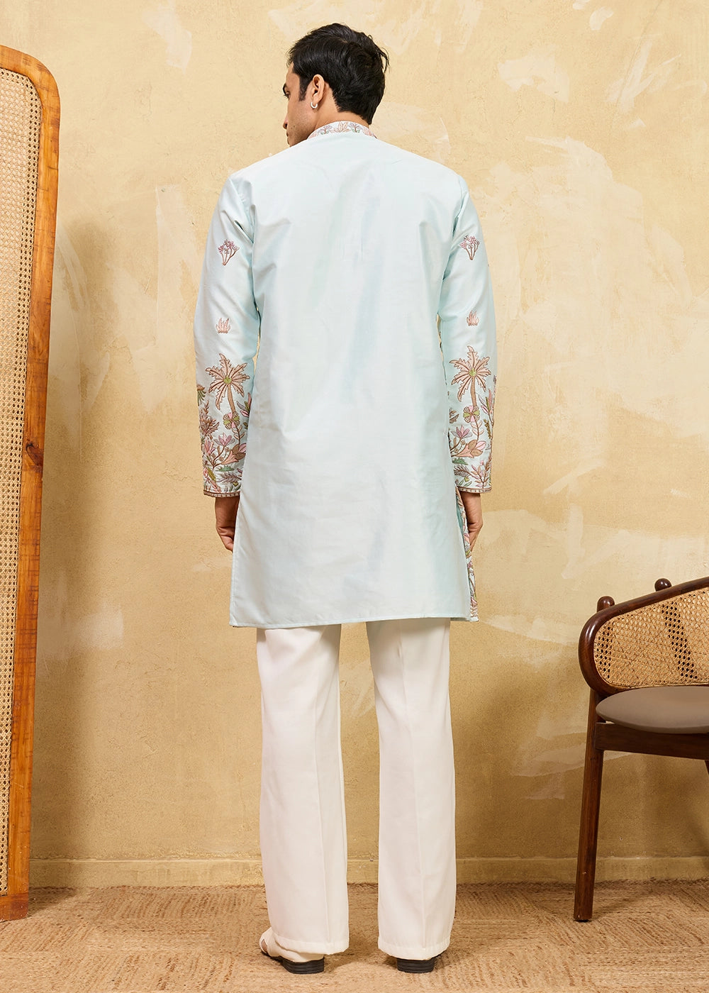 Baby Blue Viscose Silk Kurta with Multi-Thread Embroidery