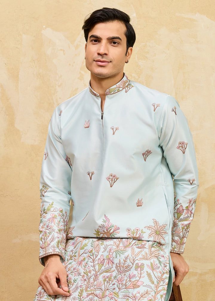 Baby Blue Viscose Silk Kurta with Multi-Thread Embroidery