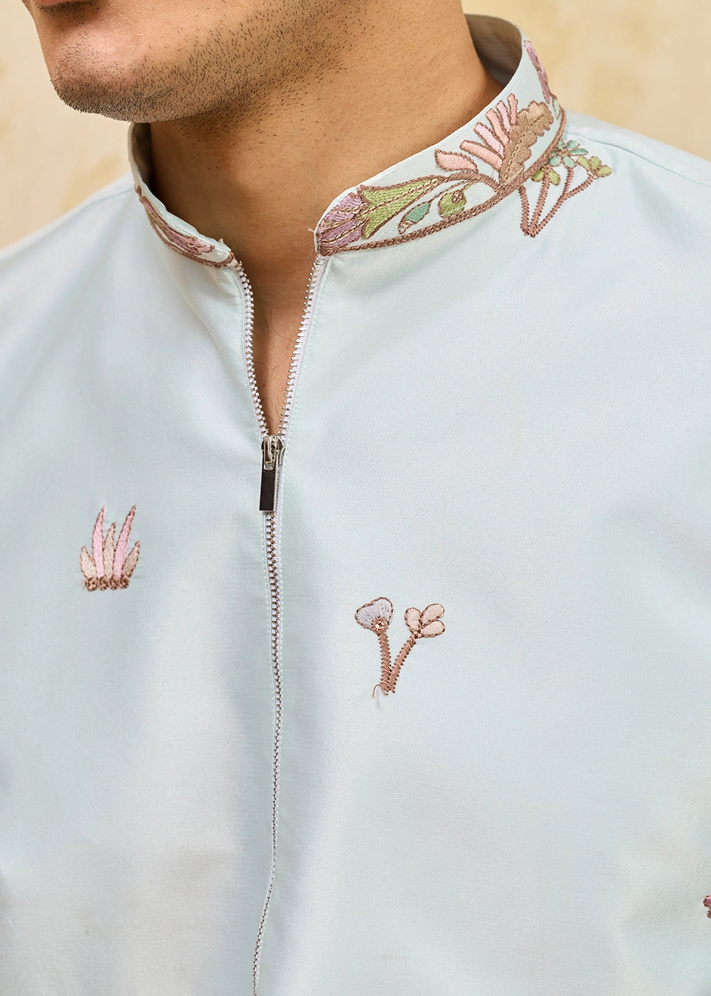 Baby Blue Viscose Silk Kurta with Multi-Thread Embroidery