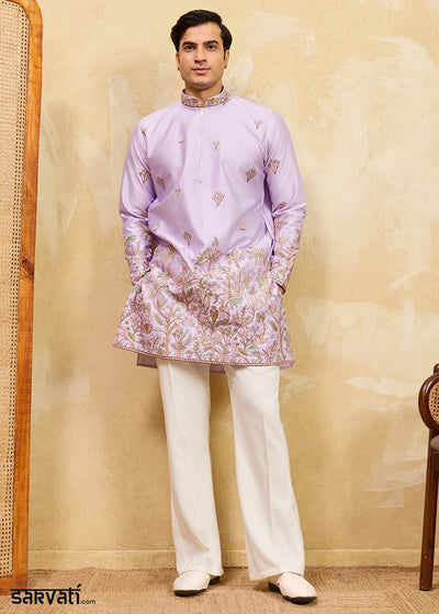 Mauve Purple Viscose Silk Kurta with Multi-Thread Embroidery