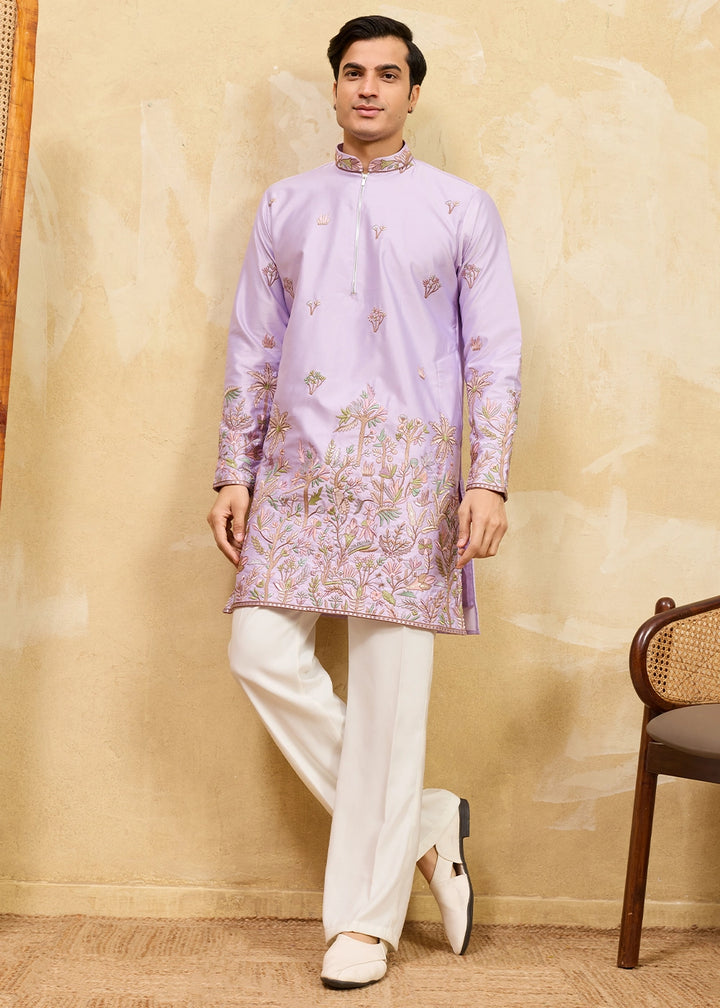 Mauve Purple Viscose Silk Kurta with Multi-Thread Embroidery