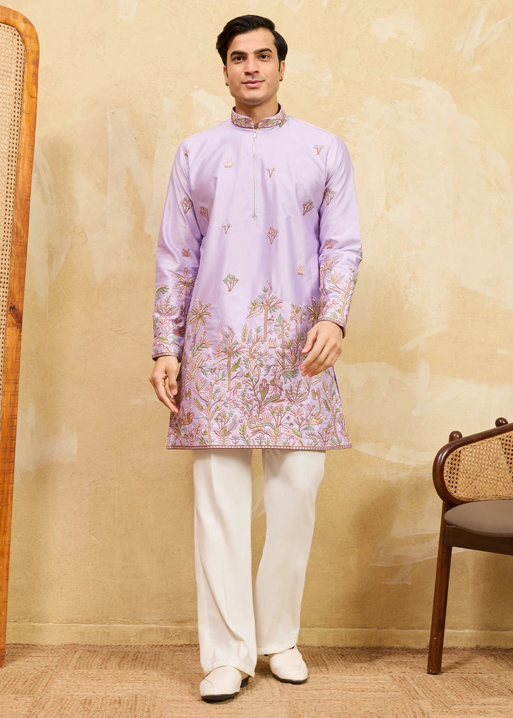 Mauve Purple Viscose Silk Kurta with Multi-Thread Embroidery