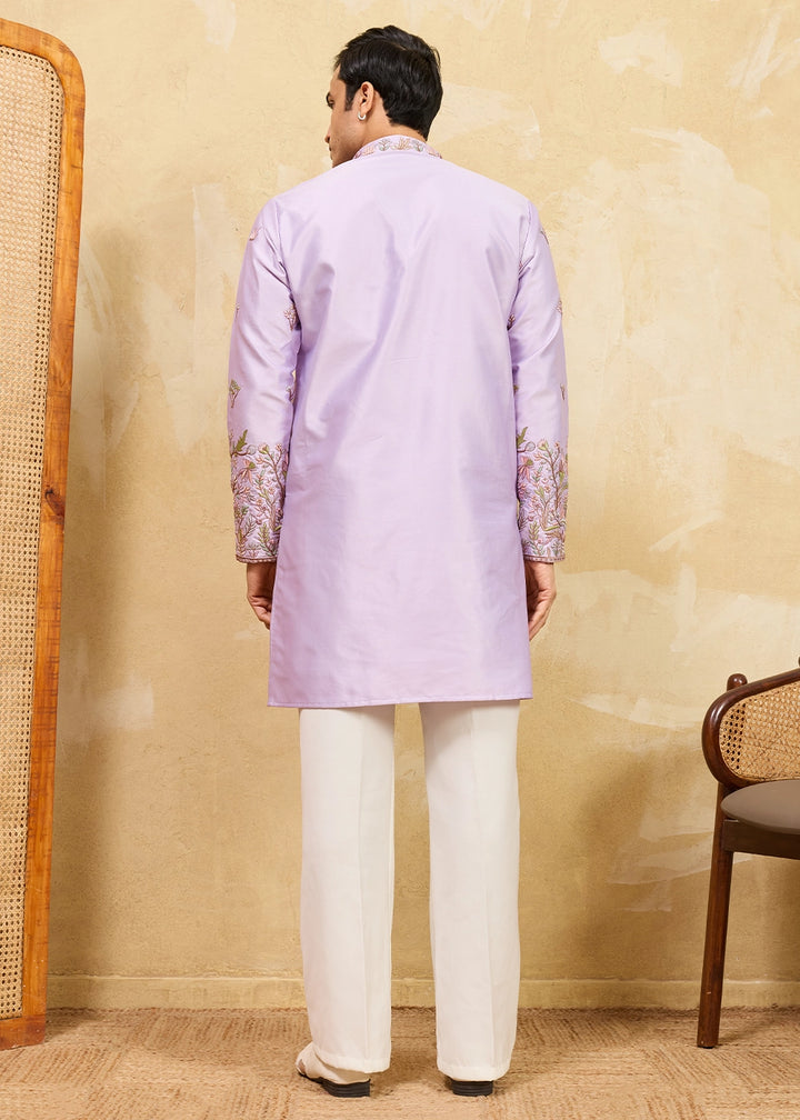 Mauve Purple Viscose Silk Kurta with Multi-Thread Embroidery