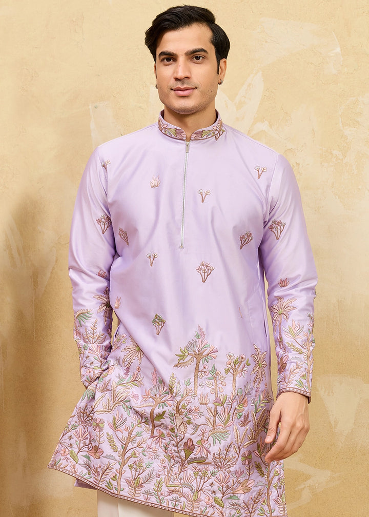 Mauve Purple Viscose Silk Kurta with Multi-Thread Embroidery