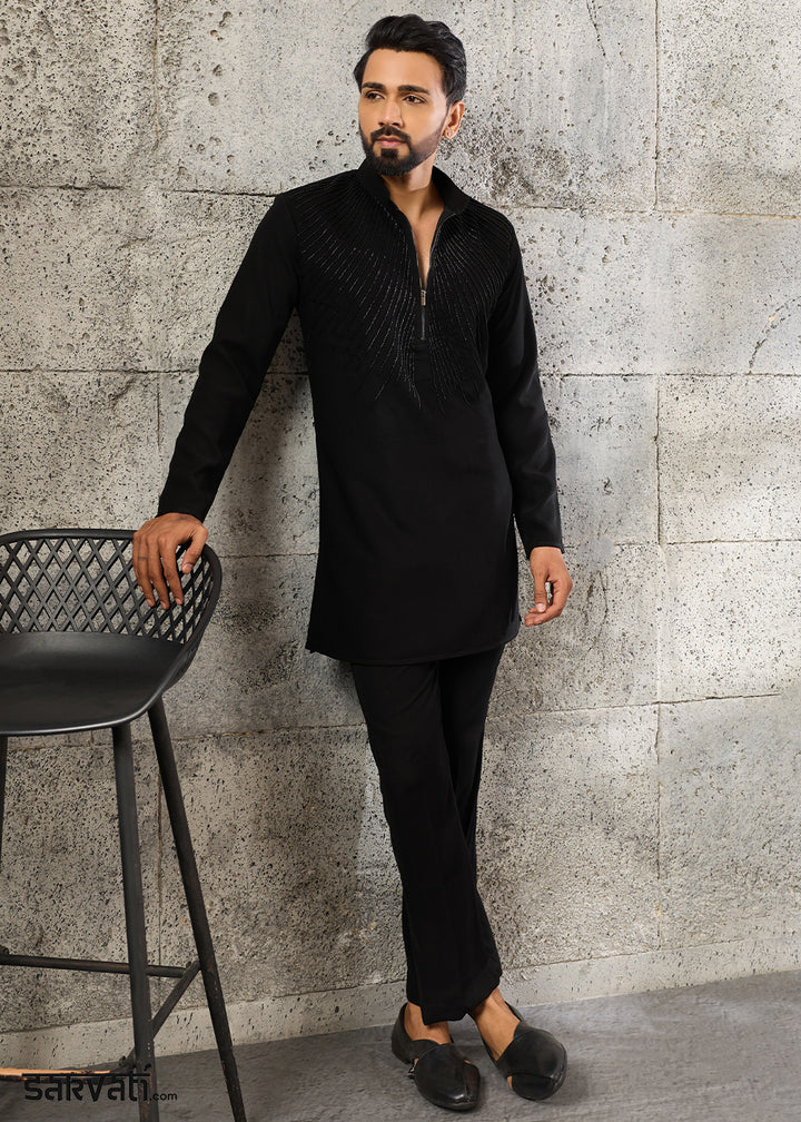 Jade Black Crepe Silk Kurta Pajama Set with Fine Beaded Detailing