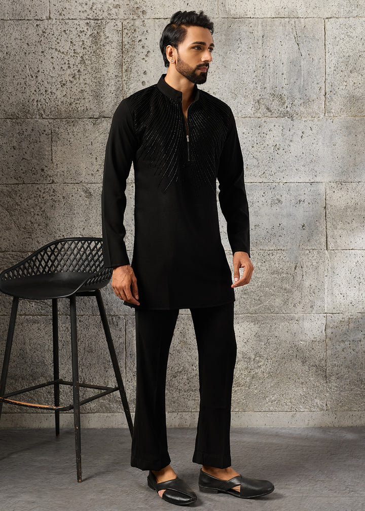 Jade Black Crepe Silk Kurta Pajama Set with Fine Beaded Detailing