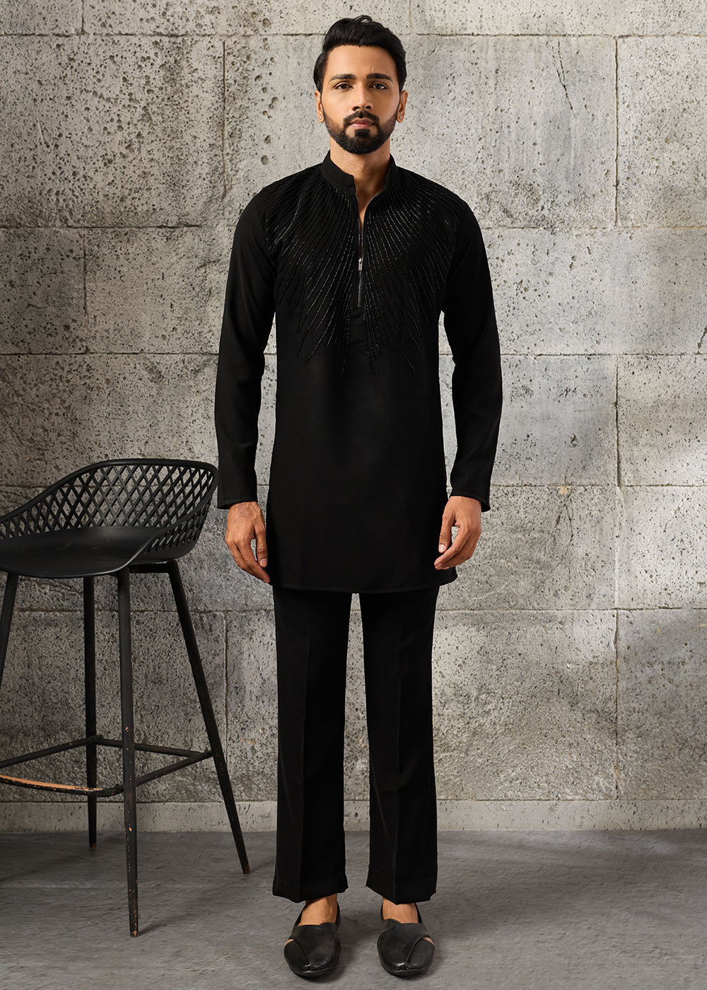 Jade Black Crepe Silk Kurta Pajama Set with Fine Beaded Detailing