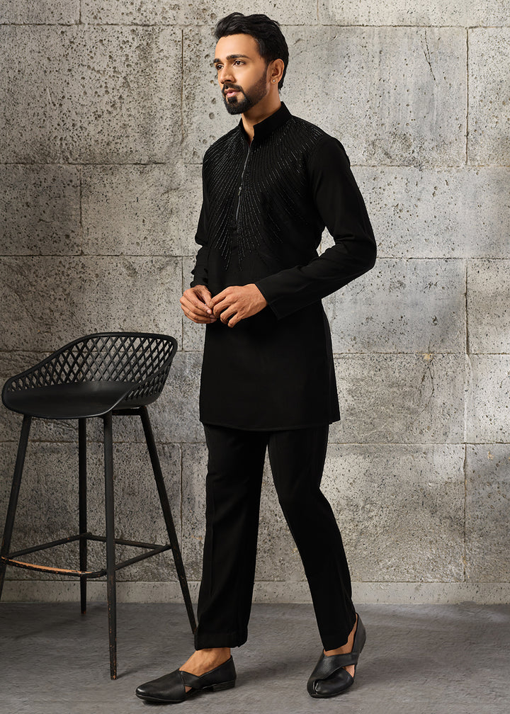 Jade Black Crepe Silk Kurta Pajama Set with Fine Beaded Detailing