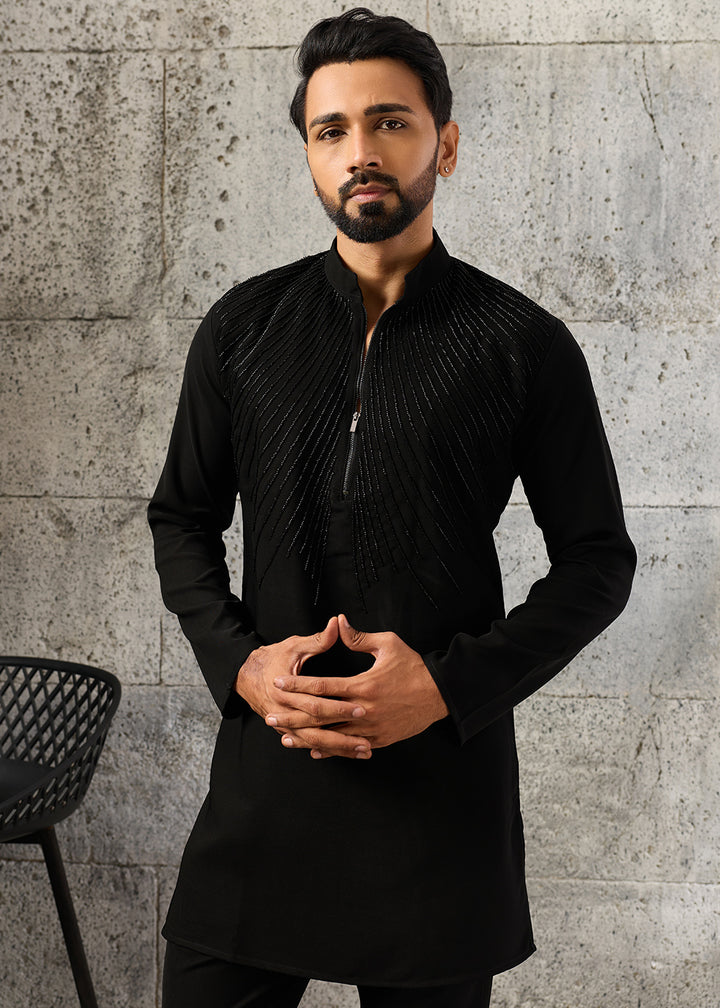 Jade Black Crepe Silk Kurta Pajama Set with Fine Beaded Detailing