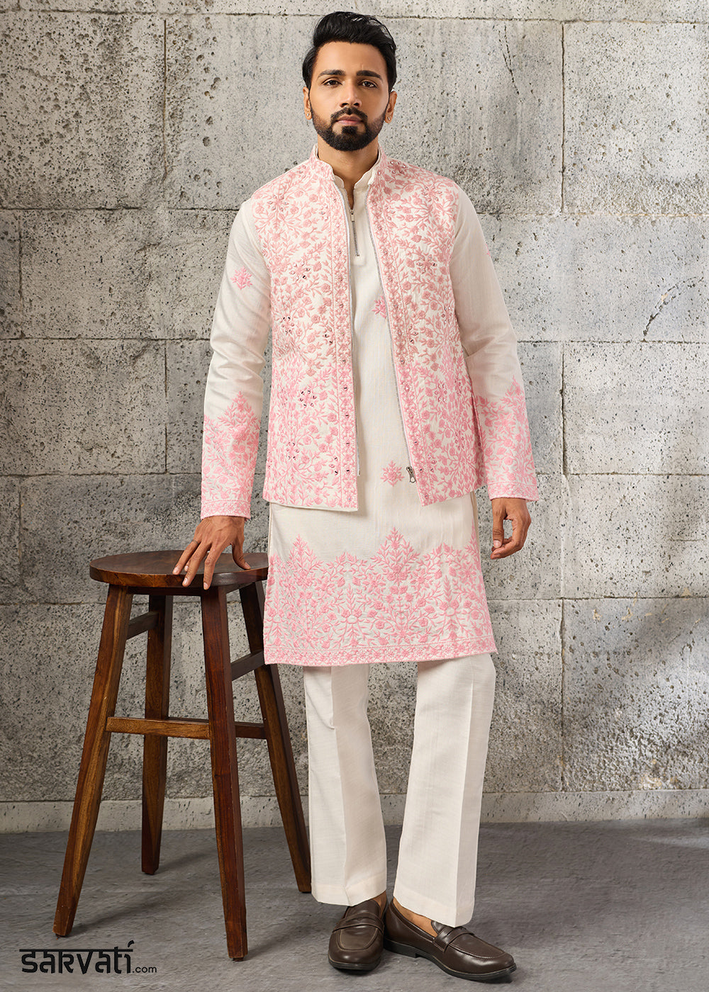 Cream White Silk Kurta Pajama &amp; Koti Set with Multithread Detailing