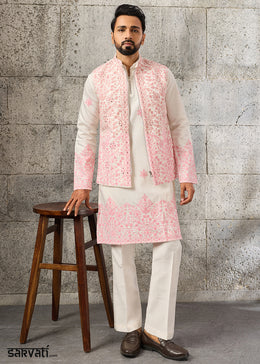 Cream White Silk Kurta Pajama & Koti Set with Multithread Detailing