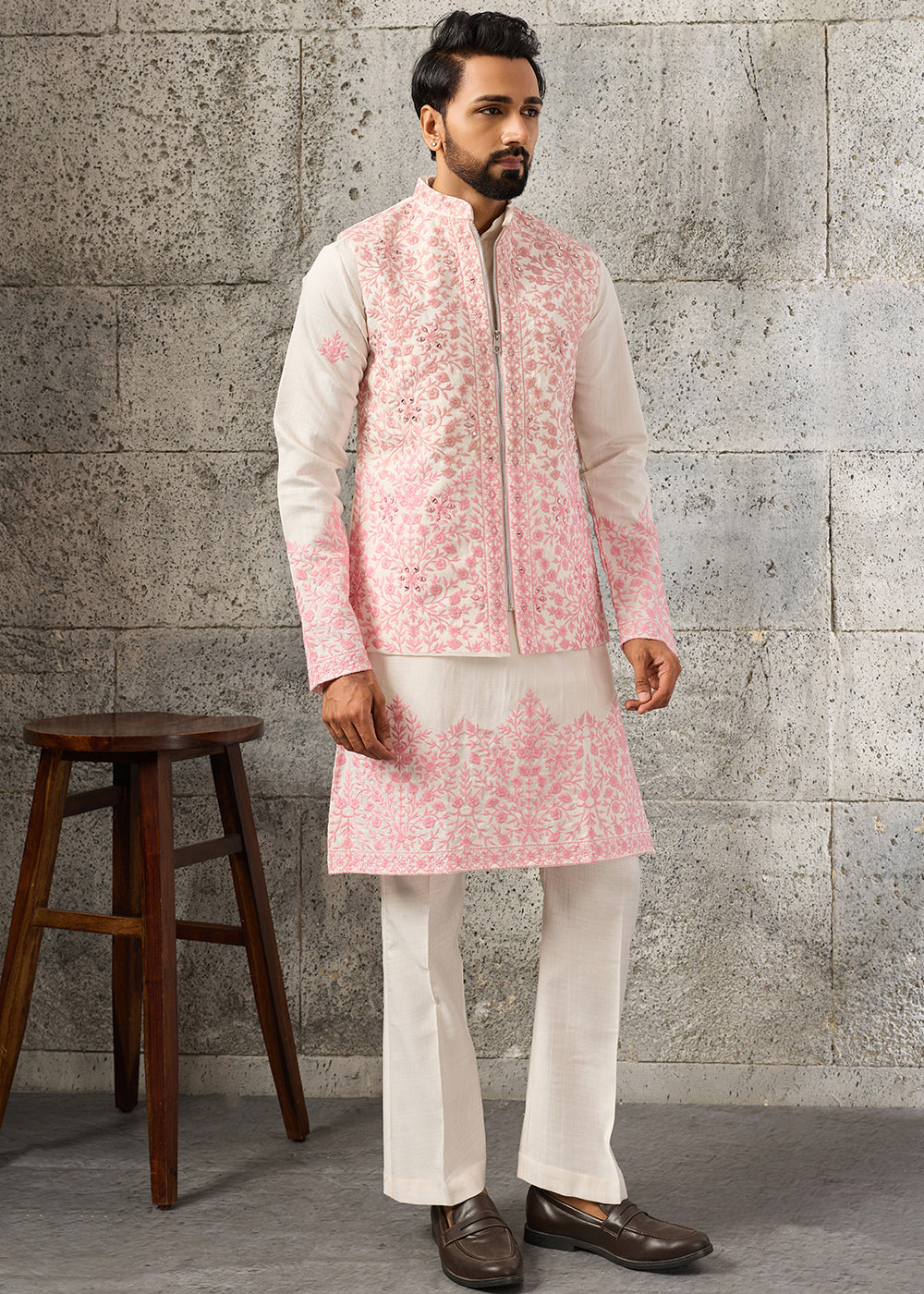 Cream White Silk Kurta Pajama &amp; Koti Set with Multithread Detailing