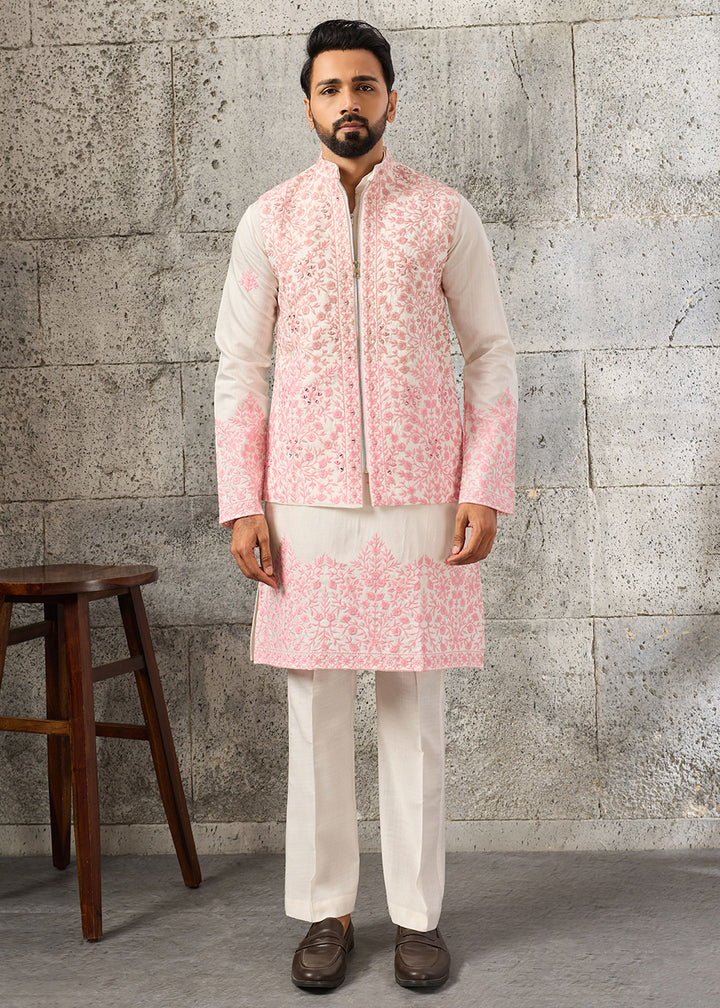 Cream White Silk Kurta Pajama &amp; Koti Set with Multithread Detailing