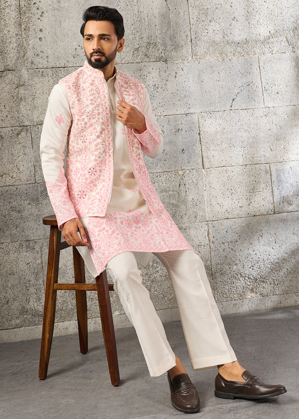Cream White Silk Kurta Pajama &amp; Koti Set with Multithread Detailing