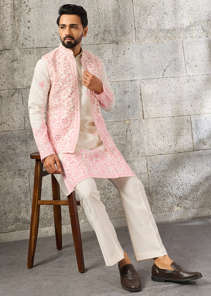 Cream White Silk Kurta Pajama &amp; Koti Set with Multithread Detailing