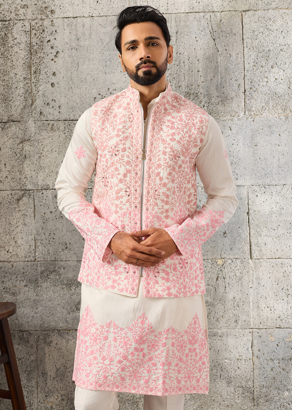 Cream White Silk Kurta Pajama &amp; Koti Set with Multithread Detailing