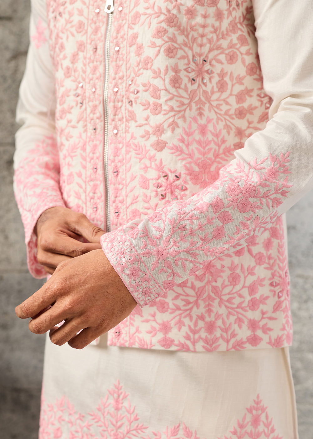 Cream White Silk Kurta Pajama &amp; Koti Set with Multithread Detailing