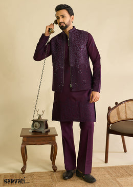 Blackberry Purple Silk Kurta Pajama & Koti Set with Multithread Detailing